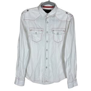 Cactus Western Shirt Men's Medium‎ White Striped Cotton Long Sleeve Button-Up